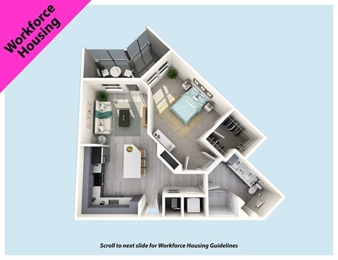 Floor plan for 1 bed, 1 bath, 770 sqft